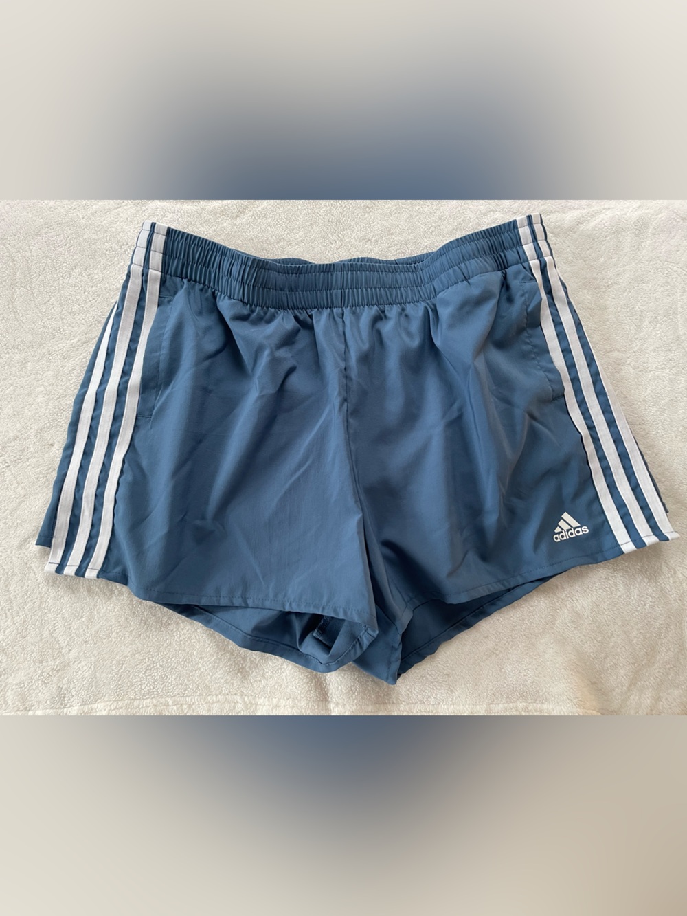 adidas Slate Blue Aeroready Shorts with White Stripes and pockets